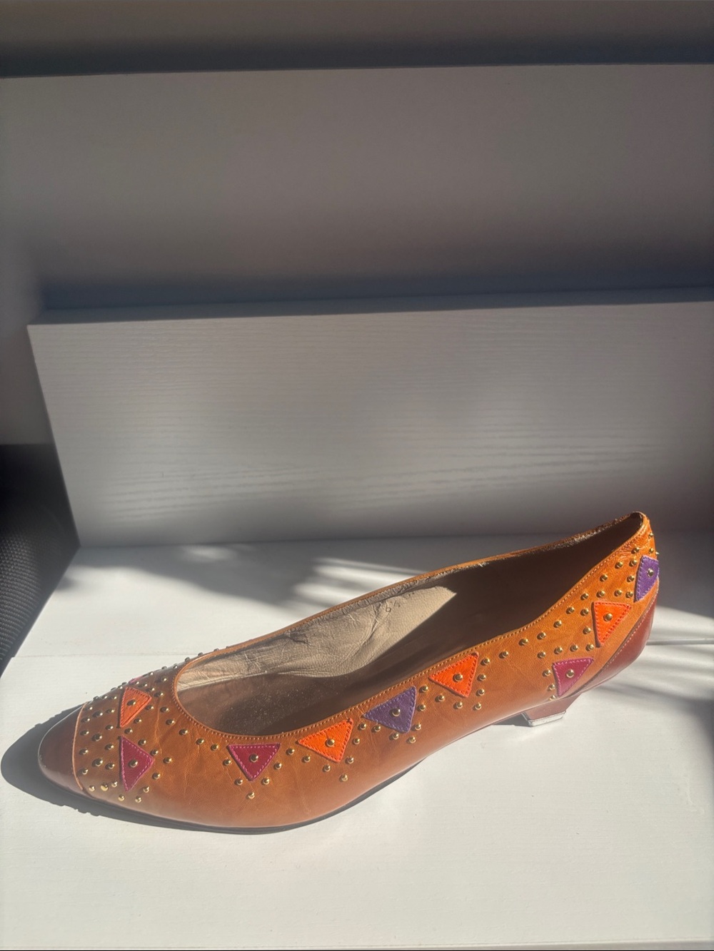 Vintage Women's Brown Leather Studded Ballet Flat with Orange & Purple Accents